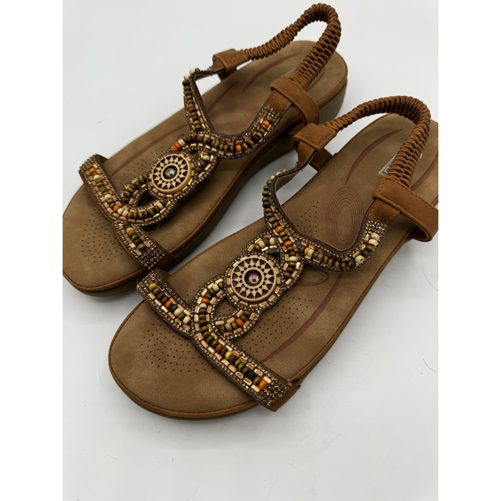 Shibever Brown Beaded Embellish T Strap Sling Sandals Women Size 40 US 8.5 SB17